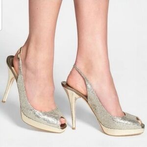 JIMMY CHOO CLUE GLITTER SLINGBACK PLATFORM
PEEP TOE HIGH HEEL PUMPS SANDAL 37